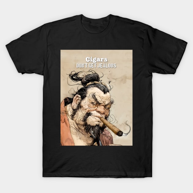 Puff Sumo: "Cigars Don't Get Jealous" on a Dark Background T-Shirt by Puff Sumo